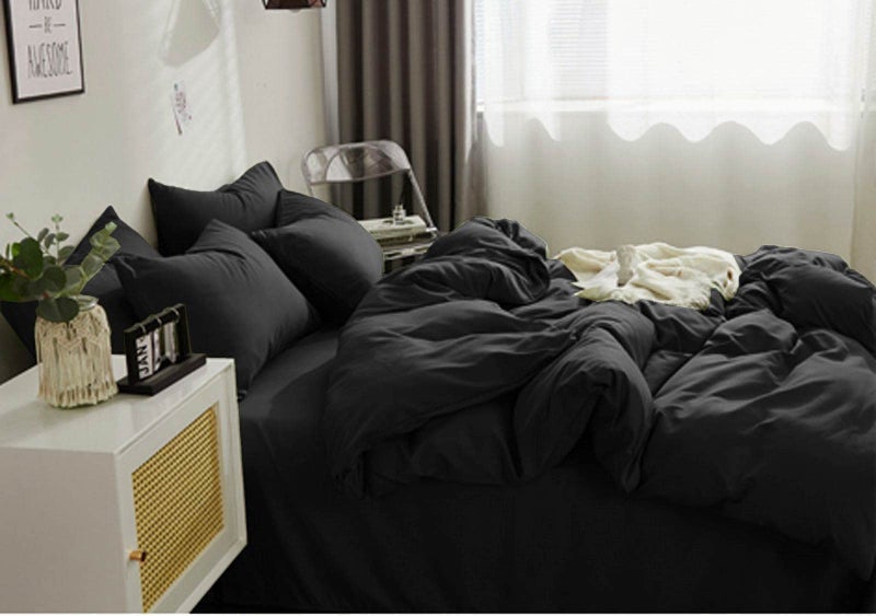 Nanko Queen Duvet Cover Set Black 3pc 90x90 Luxury Microfiber Down Comforter Quilt Bedding Cover with Deco Buttons Zip Closure Ties - Modern Style for Men and Women Chambray Teen - Image 2
